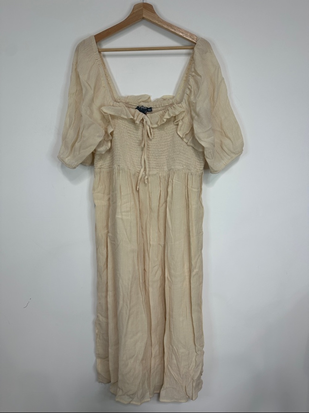 ARULA Cream Smocked Midi Dress with Puff Sleeves